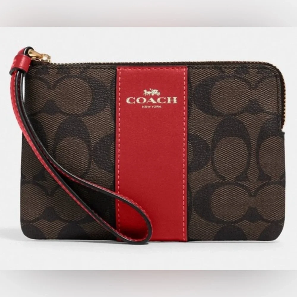 Coach Signature brown & red stripe Zip Wristlet‎ New With Tags.  C